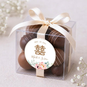 Sticker Rond Pivoine Élégante Double Bonheur Mariage Chinois 