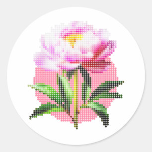 Sticker Rond Pivoine rose en mosaïque à pois fleur