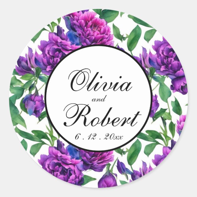 Sticker Rond Pivoines à l'aquarelle rose magenta violet romanti (Devant)