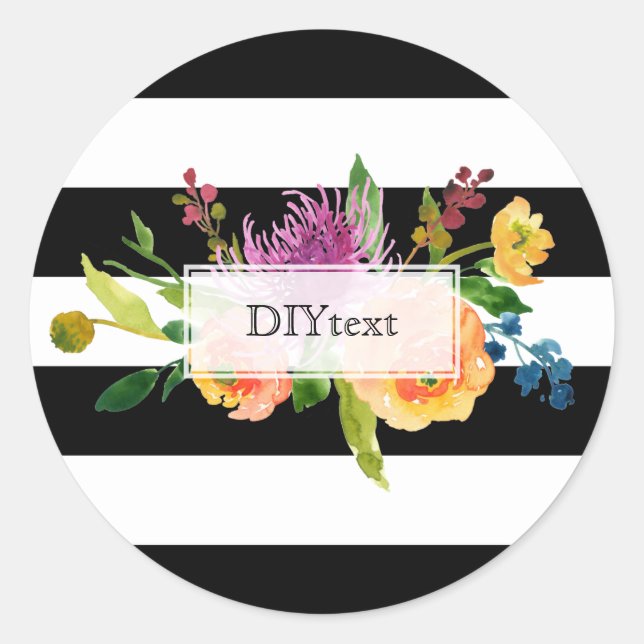 Sticker Rond PixDezine aquarelle florale/rayures (Devant)