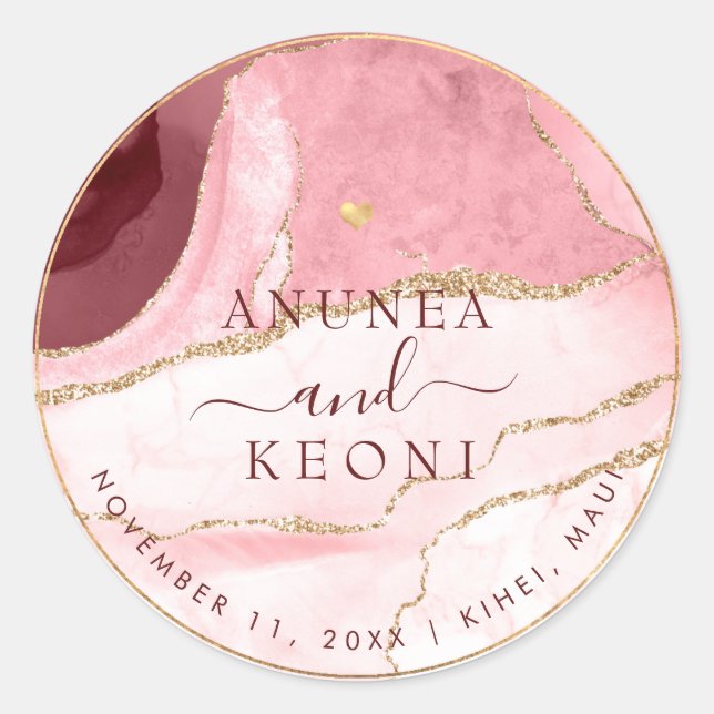 Sticker Rond PixDezine Blush Bourgogne Agate Marbre Coeur d'or (Devant)
