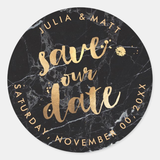 Sticker Rond PixDezine Enregistrer la date/Marble+Faux Gold (Devant)
