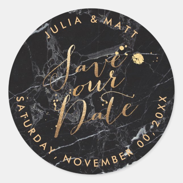 Sticker Rond PixDezine Enregistrer la date/Marble+Faux Gold (Devant)