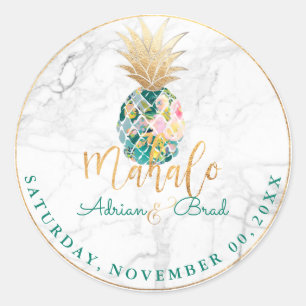 Sticker Rond PixDezines Ananas Or Faux/Marbre/Turquoise