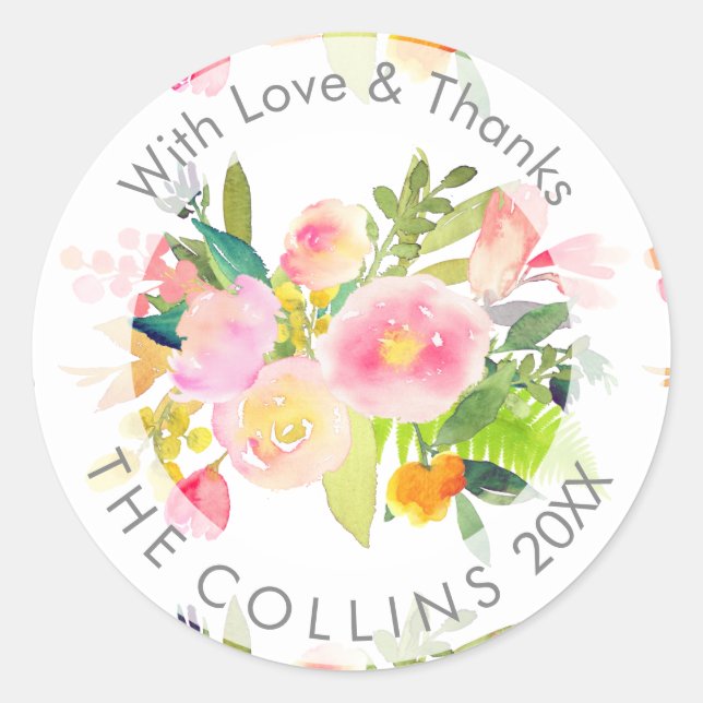 Sticker Rond PixDezines Aquarelle Florale/pivoines/Merci (Devant)