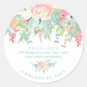 Sticker Rond PixDezines Aquarelle Peonies Peach+Mint