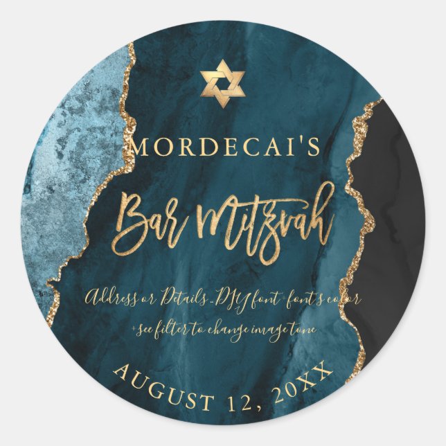 Sticker Rond PixDezines Aquarelle Turquoise Bleu Agate Bar Mitz (Devant)