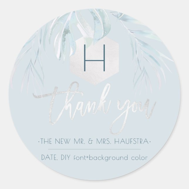 Sticker Rond PixDezines Argent Palms Monogramme, Merci (Devant)