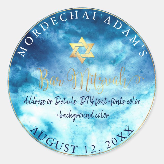 Sticker Rond PixDezines Bar Mitzvah Aqua Aquarelle bleue (Devant)