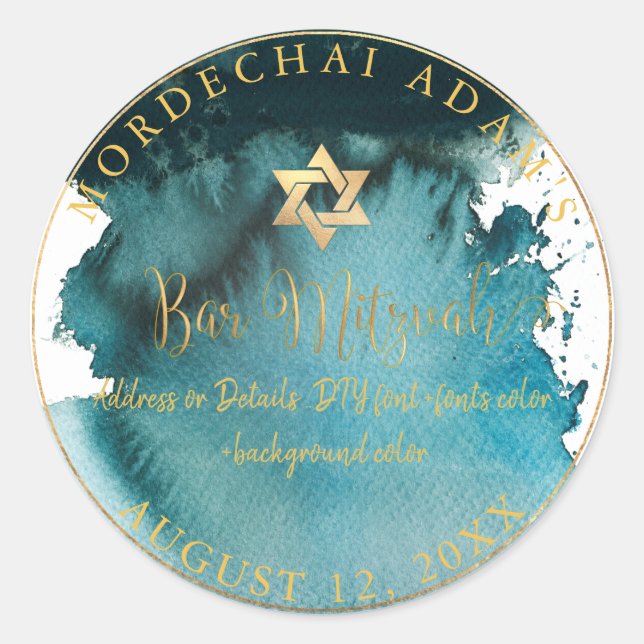 Sticker Rond PixDezines Bar Mitzvah Aquarelle verte Turquoise (Devant)