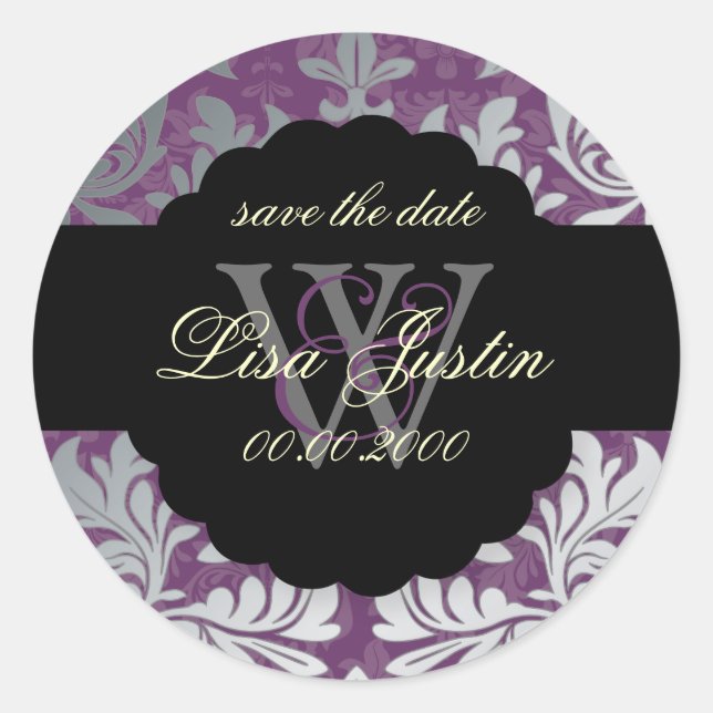 Sticker Rond PixDezines Baroque Damask/Faux Argent+Purple/Lilac (Devant)