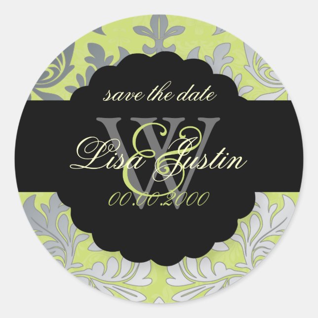 Sticker Rond PixDezines Baroque Damask/Faux Argent+Vert (Devant)