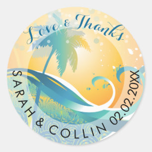 Sticker Rond PixDezines coucher de soleil/vagues rétro/palmiers