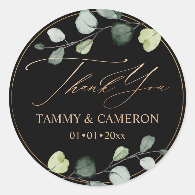 Sticker Rond PixDezines Elégant Black Green Gold Eucalyptus (Devant)