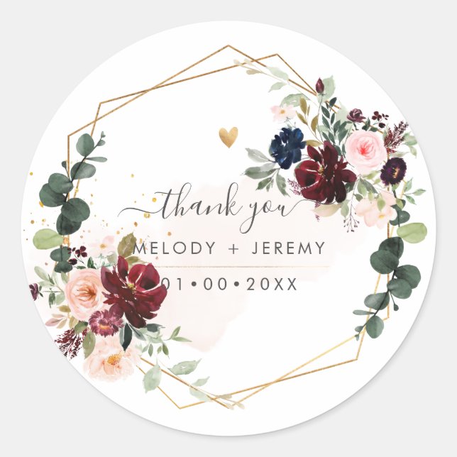 Sticker Rond PixDezines Élégant H2 Bordeaux Blush Navy Fleurs  (Devant)