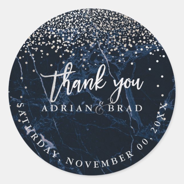 Sticker Rond PixDezines Faux Argent Confetti/Marbre Bleu (Devant)