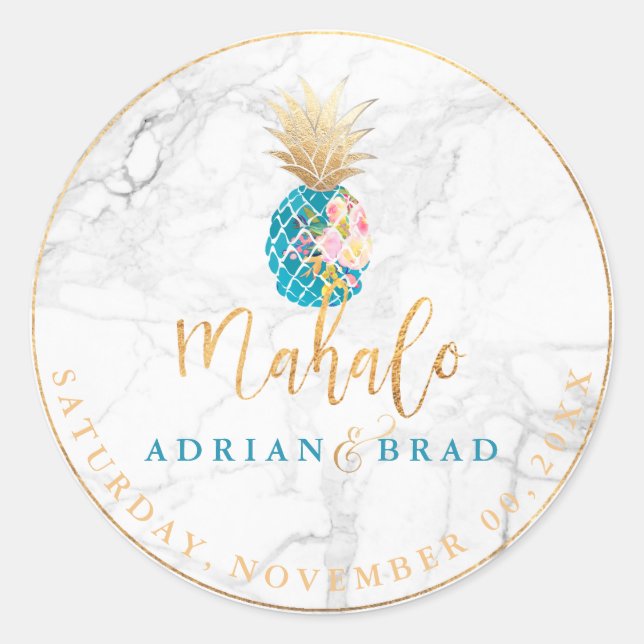 Sticker Rond PixDezines Faux Gold Ananas/Aqua/Marble (Devant)