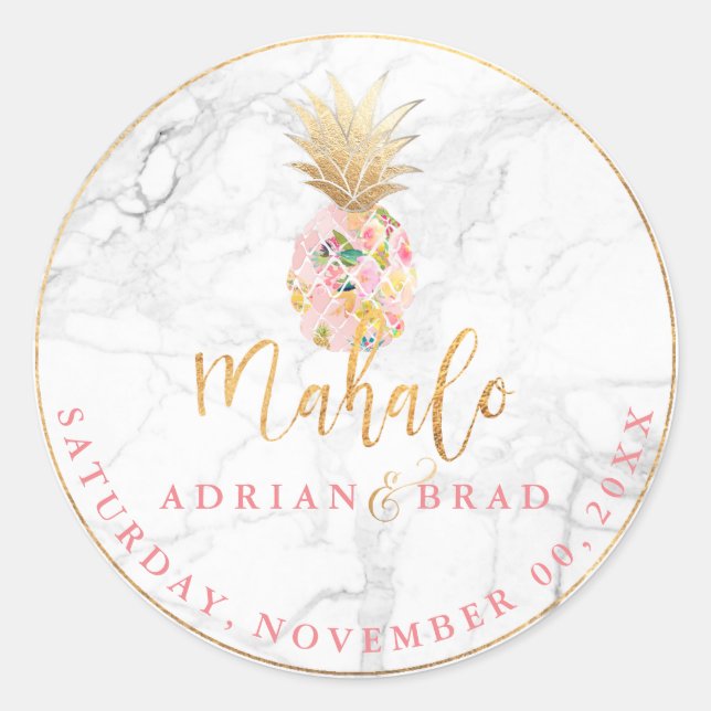Sticker Rond PixDezines Faux Gold Ananas/rose/marbre (Devant)