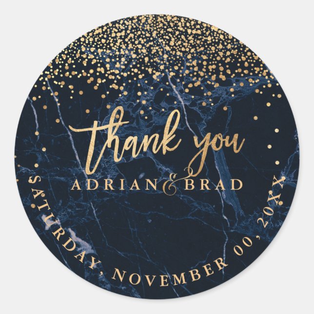 Sticker Rond PixDezines Faux Gold Confetti/Marbre Bleu (Devant)