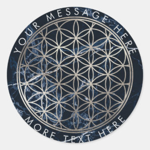 Sticker Rond PixDezines FLEURS DE VIE FAUX SILVER+MARBRE BLEU
