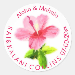 Sticker Rond PixDezines Hibiscus rose/Aloha/Mahalo/Merci