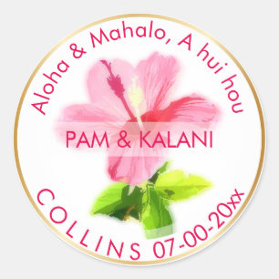 Sticker Rond PixDezines Hibiscus rose/Aloha/Mahalo/Merci