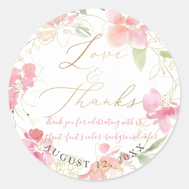 Sticker Rond PixDezines Love+Thanks, Aquarelle Florale, Blush (Devant)