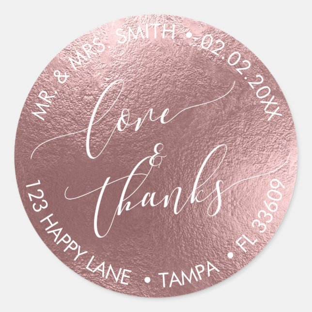 Sticker Rond PixDezines LOVE+THANKS FAUX FOIL, OR ROSE (Devant)