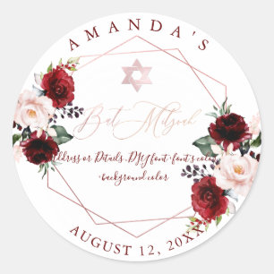 Sticker Rond PixDezines Mitzvah, Fleurs Aquarelles, Rouge Rose