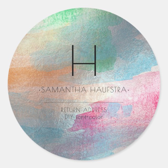 Sticker Rond PixDezines Monogramme Iridescente Aquarelle brossé (Devant)