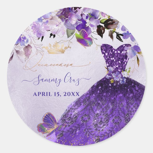 Sticker Rond PixDezines Papillons Quinceanera, Violet foncé dan (Devant)