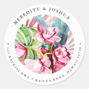 Sticker Rond PixDezines Pink Cymbidium Orchid Foliage Argent