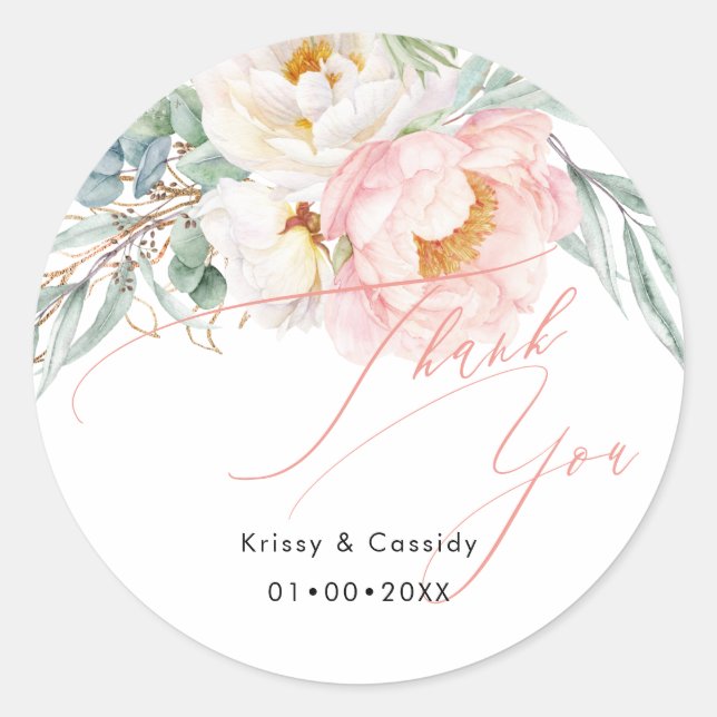 Sticker Rond PixDezines Pink White Peonies Merci (Devant)