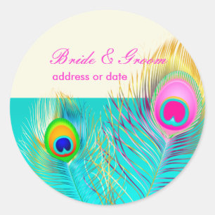 Sticker Rond PixDezines plumes paon/aqua/turquoise