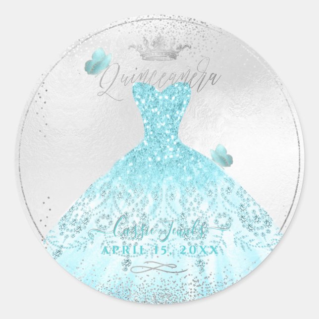 Sticker Rond PixDezines Quinceanera étincelle Blue Ombre Gown (Devant)
