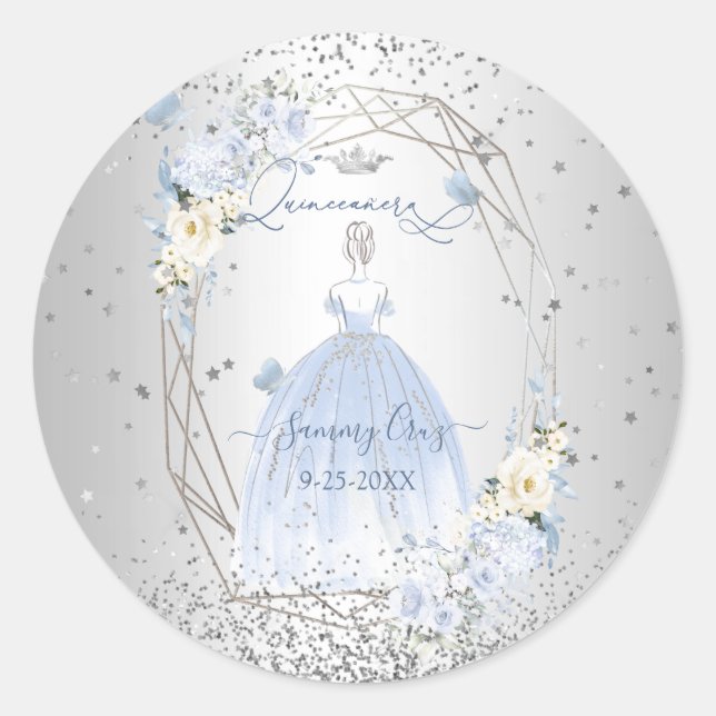 Sticker Rond PixDezines Quinceanera H2 Fleurs Dusty Blue Roses (Devant)