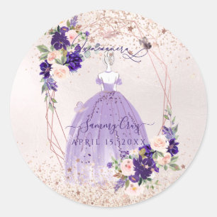 Sticker Rond PixDezines Quinceanera Rose violet Or H2 Fleurs