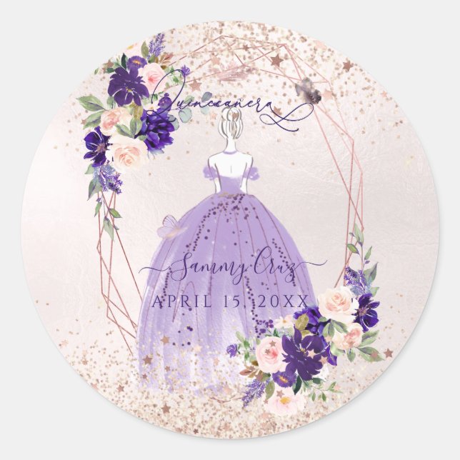 Sticker Rond PixDezines Quinceanera Rose violet Or H2 Fleurs (Devant)