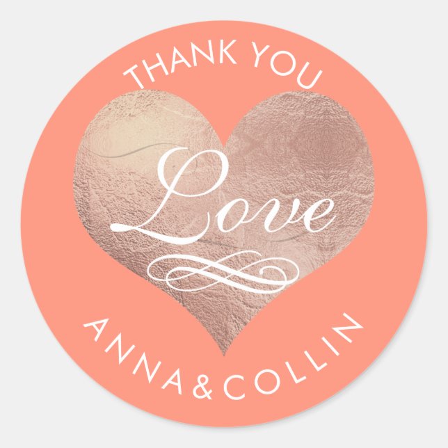 Sticker Rond PixDezines Rose Gold/Faux Foil Coeur/Merci (Devant)