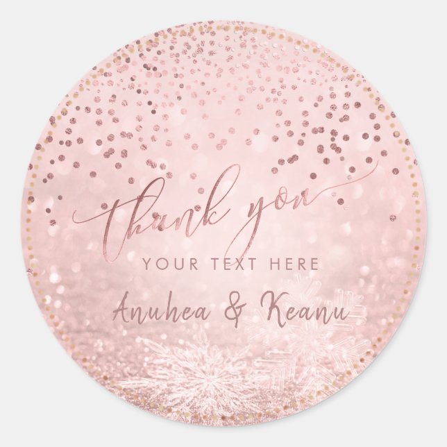 Sticker Rond PixDezines Rose Gold Snow Bokeh+Confetti Merci (Devant)