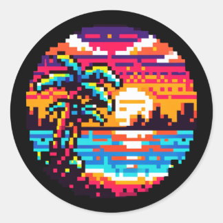 Sticker Rond Pixel Paradise : Sunset Tropical 8 Bits Retro Natu