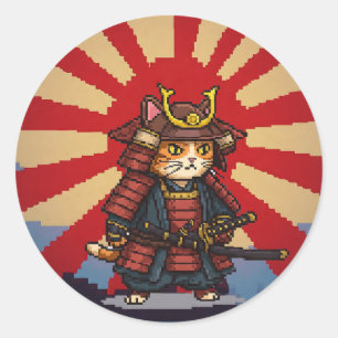 Sticker Rond Pixel Samurai Chat