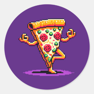 Sticker Rond Pizza de Yoga : tranche de 8 bits en Pose Pixel Ar