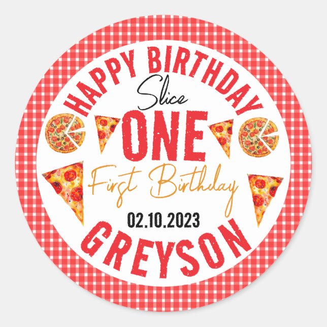 Sticker Rond Pizza pour bébés tranche moderne 1er anniversaire (Devant)
