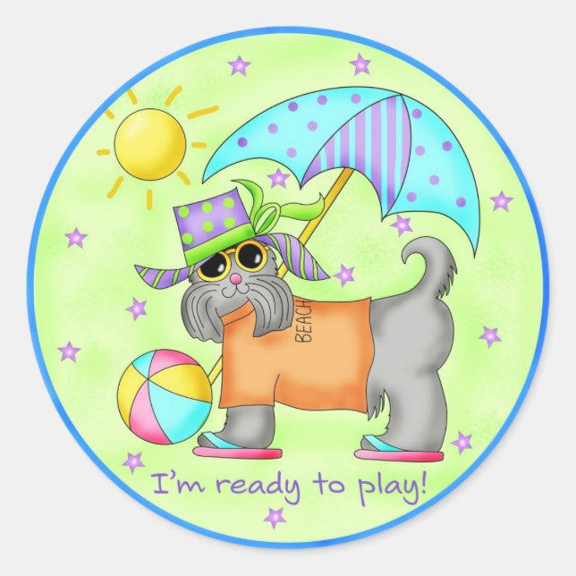 Sticker Rond Plage Chien Whimsy Art Vert bleu (Devant)