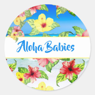 Sticker Rond Plage de Baby shower d'Aloha Twins à fleurs tropic