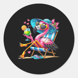Sticker Rond Plage de Flamant Rose Été Vibes Palmier Tropical