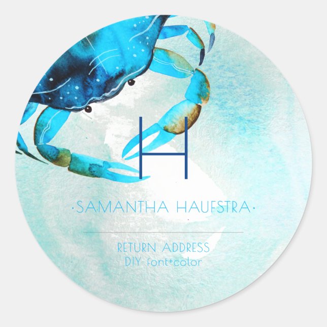Sticker Rond Plage de PixDezines Crabe Bleu Monogram (Devant)