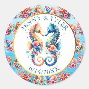 Sticker Rond Plage de sable blanc rose, bleu et or