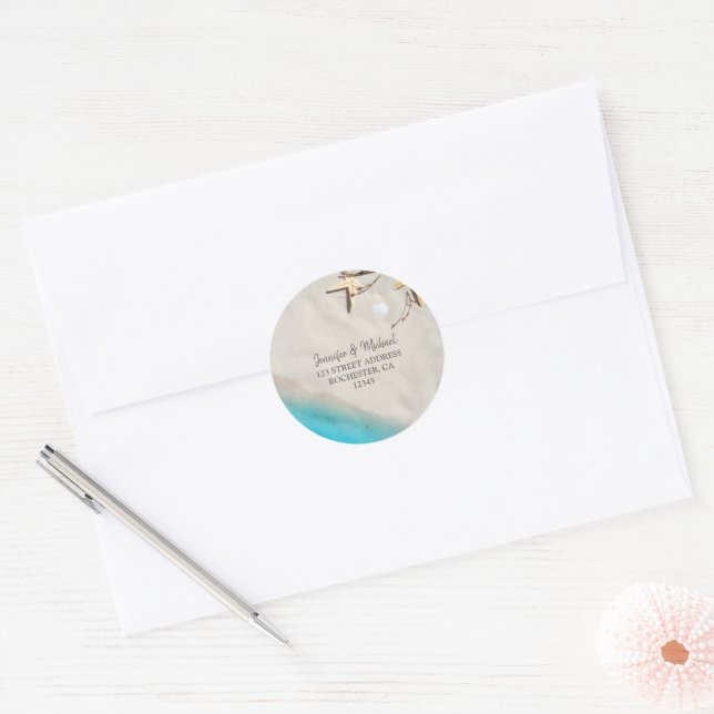 Sticker Rond Plage de sable de mer de Starfish phoques Mariages (Enveloppe)